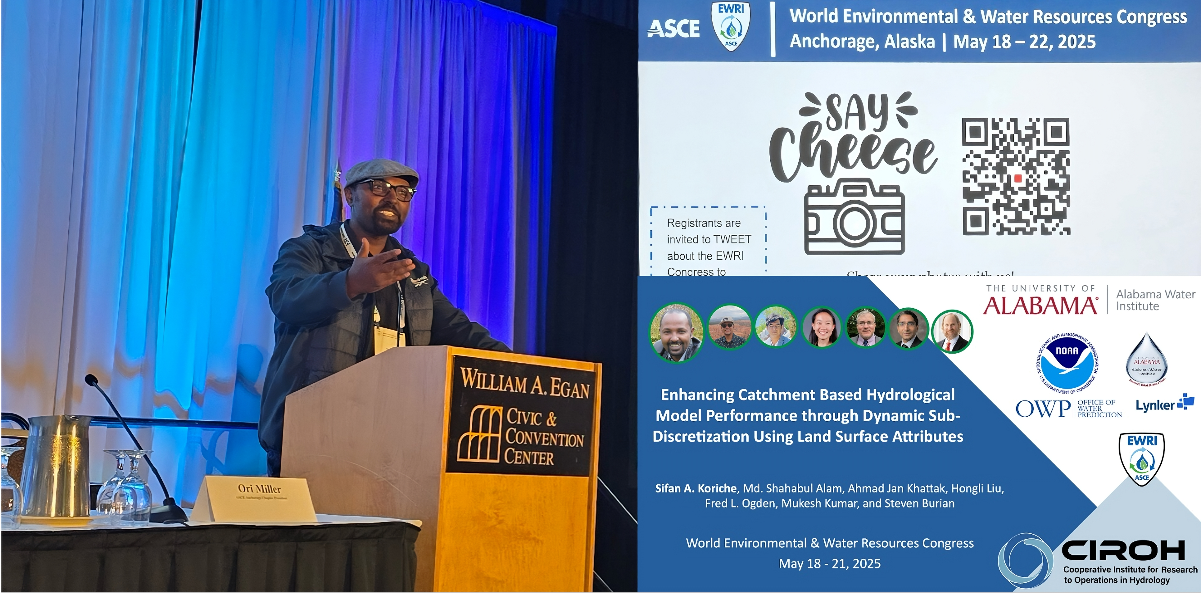 A speaker presents at the World Environmental &amp; Water Resources Congress, with a large screen displaying presentation details and a 'Say Cheese' graphic with a QR code.