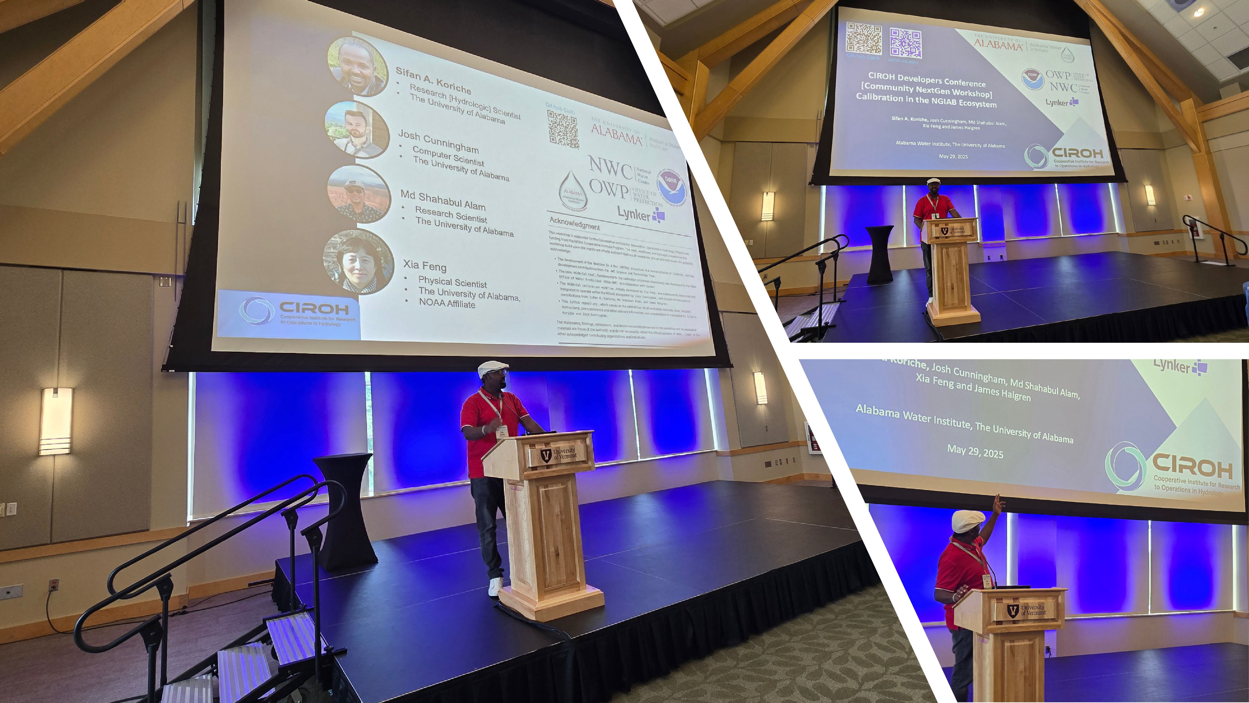 A speaker presents at a conference, with a large screen displaying presentation slides and organization logos.