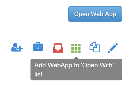 A row of icons displayed at the top right of a HydroShare App Connector resource, below the "Open with..." button. The hovered icon provides the tooltip "Add WebApp to 'Open with' list".