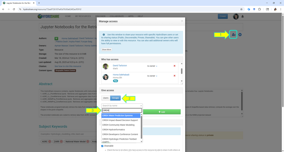 A screenshot of HydroShare's "Manage Access" dialogue for a resource. By selecting the "Groups" option under the "Give Access" section, you can share a resource with a specific HydroShare group.