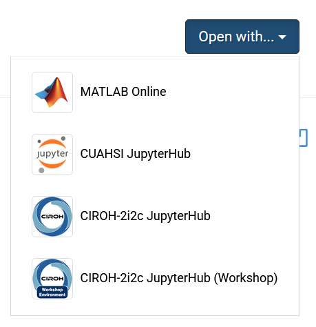 The dropdown menu displayed from HydroShare's "Open with..." prompt. Four options are present, including "CIROH-2i2c JupyterHub" and "CIROH-2i2c JupyterHub (Workshop)".