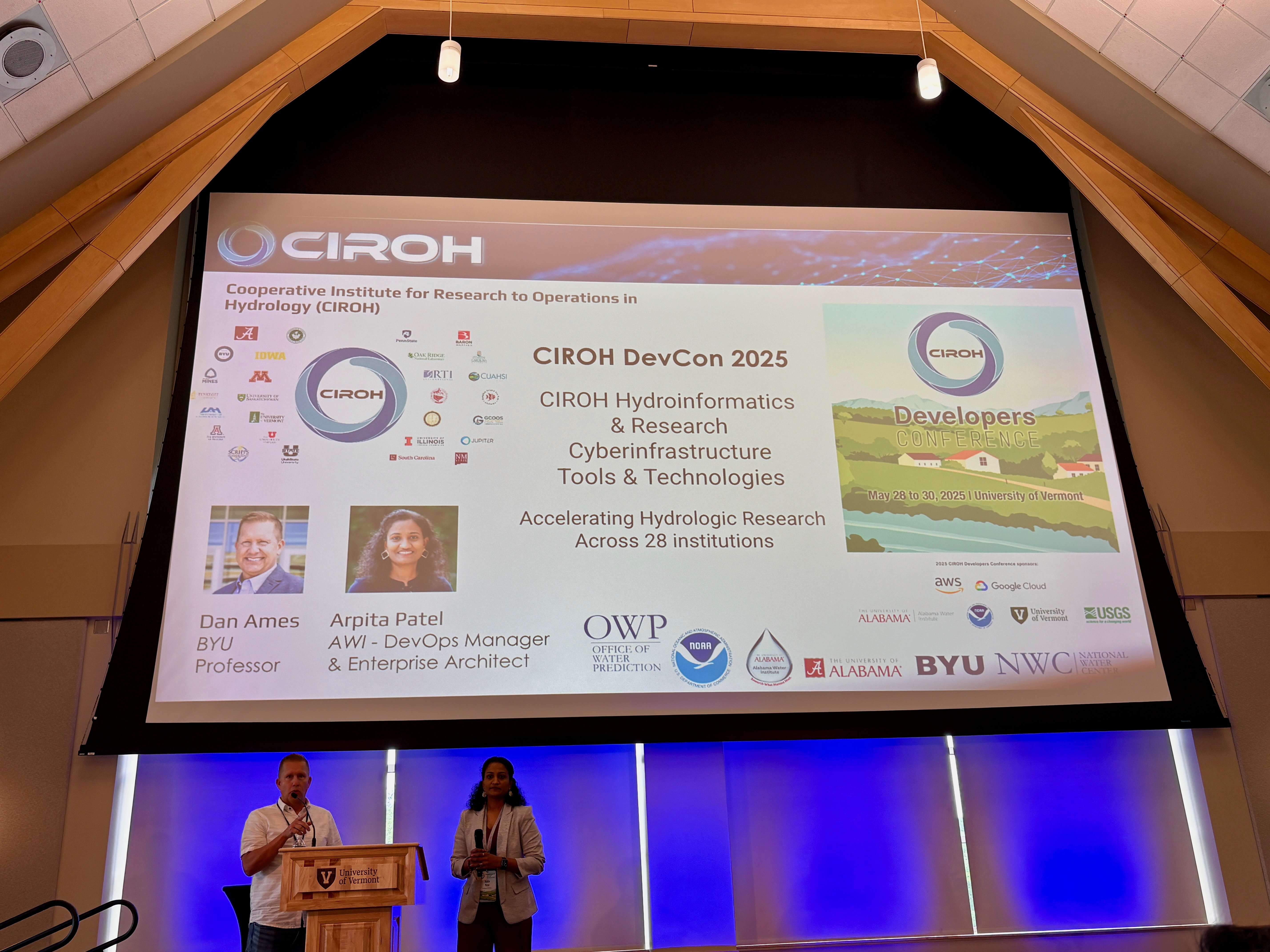 Arpita Patel and Dan Ames presenting their plenary keynote at CIROH DevCon 2025.
