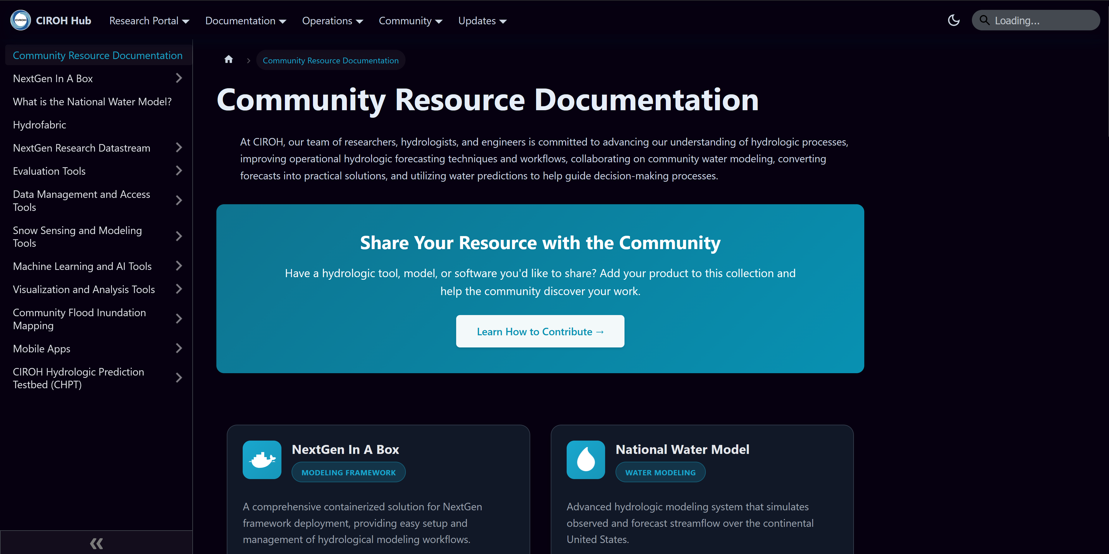 Preview of CIROH Hub's Documentation landing page