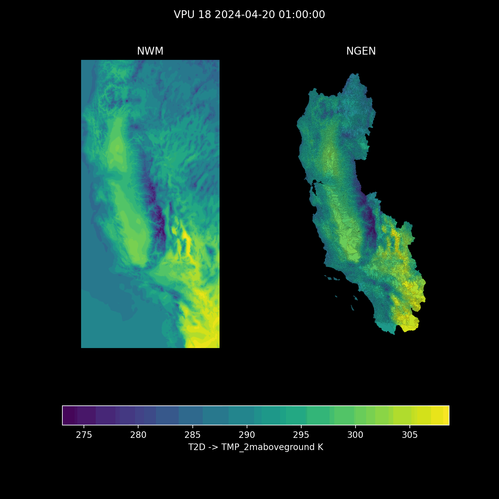 Figure 3. An animated gif depicting forcing data before and after subsetting via ForcingProcessor. On the right, the processed data visibly matches the NWM original, but is neatly cut out to match the boundaries of the NGEN run.