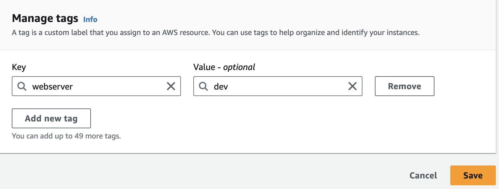 AWS 'manage tags' window